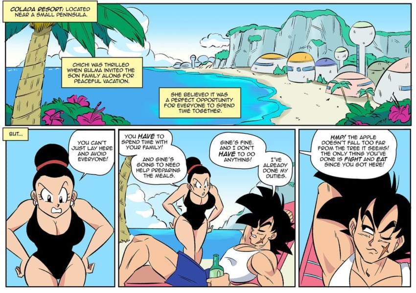 1boy 1girls bardock big_breasts chichi comic dragon_ball dragon_ball_super dragon_ball_z drink_in_hand english_text funsexydragonball laying_on_back ocean part_2 swimsuit