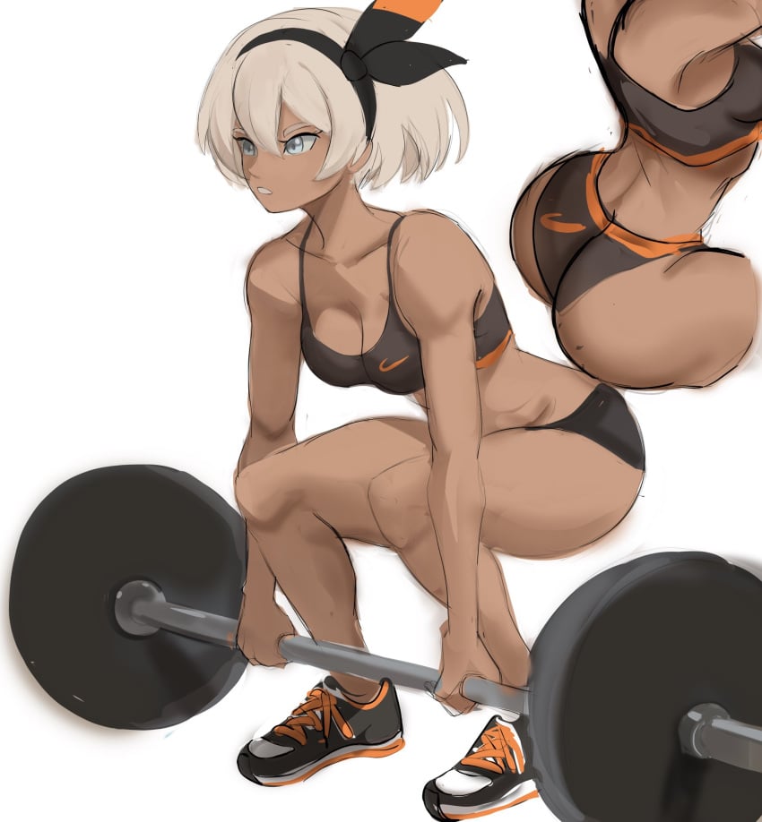 1girls ass bea_(pokemon) brown-skinned_female brown_skin clothed crouching dark-skinned_female dark_skin deadlift gym_clothes hair_ribbon hairband hourglass_figure medium_breasts nintendo pokemon pokemon_ss rakeemspoon shoes short_hair simple_background slim_waist solo sports_bra sportswear squatting straight_hair thighs weightlifting white_background wide_hips workout_clothes