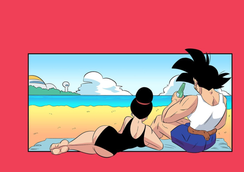 1boy 1girls bardock chichi dragon_ball dragon_ball_super dragon_ball_z drink_in_hand funsexydragonball laying_on_side swimsuit