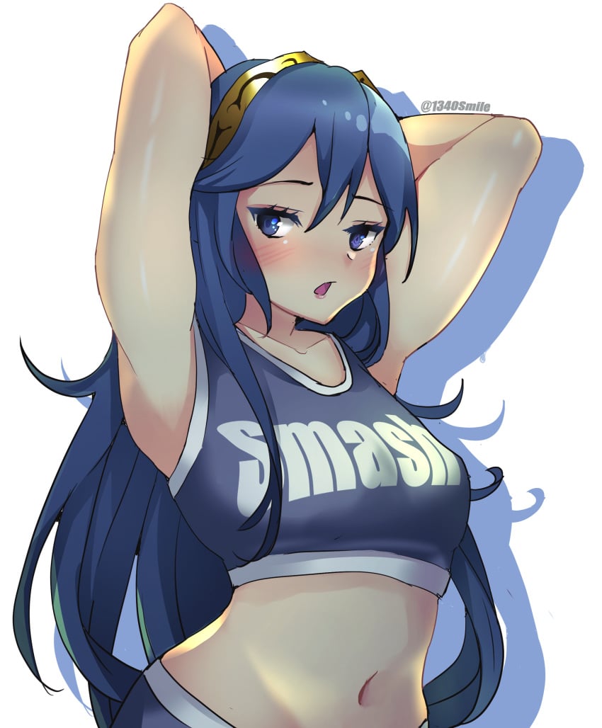 1340smile 1girls absurdres armpits arms_up bare_shoulders blue_eyes blue_hair breasts clothes_writing commentary crop_top female female_only fire_emblem fire_emblem_awakening hairband highres long_hair looking_at_viewer lucina_(fire_emblem) midriff navel nintendo open_mouth small_breasts solo sports_bra stomach upper_body very_long_hair