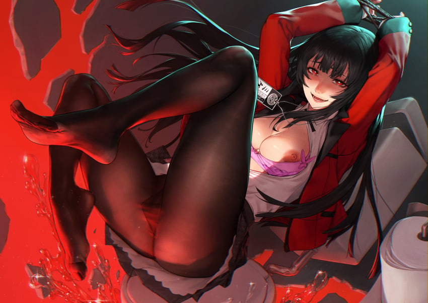 absurdres aqua_lips beeeeen black_hair black_thighhighs blazer bondage bound bra feet female highres hime_cut jabami_yumeko jacket kakegurui long_hair looking_at_viewer nipples open_mouth pantyhose red_eyes red_jacket red_suit school_uniform skirt soles suit suit_jacket underwear