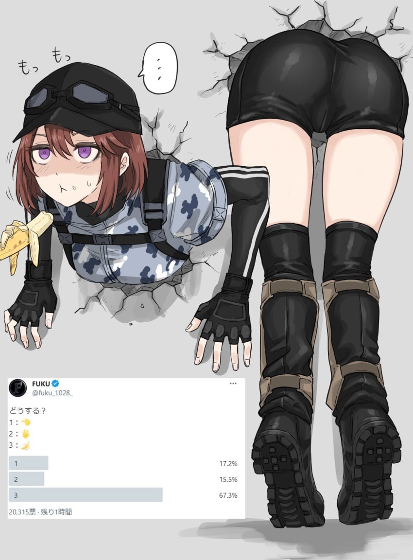 ass banana banana_peel boots character_request copyright_request eating food fruit fuku_(fuku12290574) gloves goggles goggles_on_headwear hat highres jacket long_sleeves military military_hat military_jacket military_uniform oddly_wholesome short_hair stuck stuck_in_wall tagme through_wall uniform