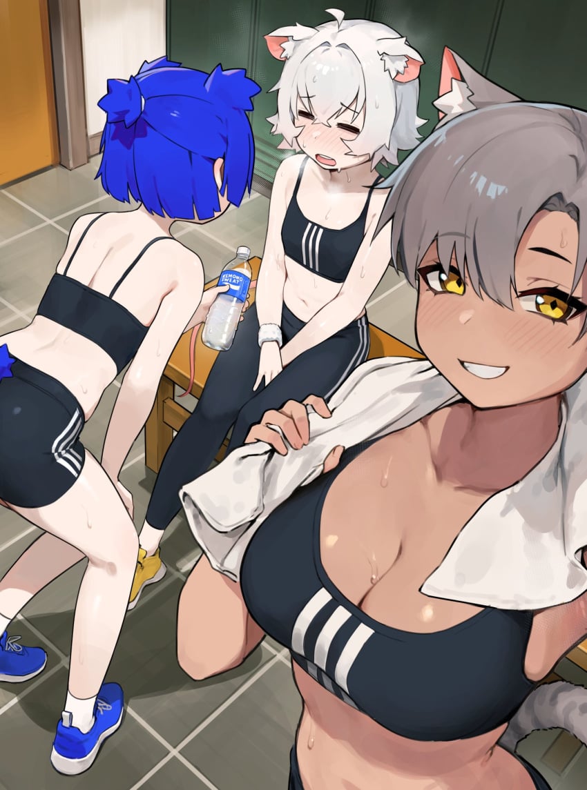 3girls blush blush_lines blushed blushing_profusely locker locker_bench locker_room lockers multiple_girls sweat sweatdrop sweating sweaty sweaty_body sweaty_breasts sweaty_butt tagme vertigris water water_bottle workout workout_clothes workout_clothing yellow_eyes