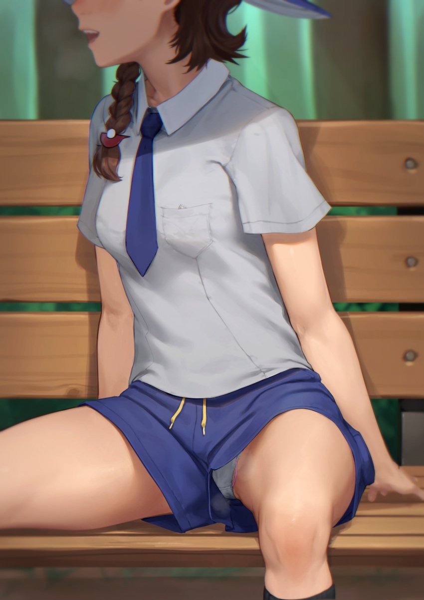 1girl 1girls 2020s 2023 absurdres ahe_gao anime beeeeen black_socks blue_bottomwear blue_tie blurry bra_visible_through_clothes braid breast_pocket brown_hair collared_shirt commentary_request condom condom_wrapper depth_of_field digital_media_(artwork) facing_to_the_side female female_only gym_shorts hair_over_shoulder hat head_out_of_frame highres juliana_(pokemon) kneehighs korean_commentary light-skinned_female light_skin love manga masturbation medium_breasts mixed-language_commentary musk musk_clouds necktie object_in_pocket open_mouth outdoors panties panty_peek pantyshot pocket pokemon pokemon_(game) pokemon_sv public_indecency public_vibrator purple_necktie pussy_peek school_uniform sex_toy shirt shirt_pocket short_shorts short_sleeves shorts side_braid single_braid sitting_on_bench smile socks solo solo_female spread_legs strong_tomboy_(spectrum) teenage_girl teenager tie tomboy underwear upshorts uva_academy_school_uniform vibrator vibrator_cord vibrator_under_clothes vibrator_under_panties video_game white_panties white_underwear