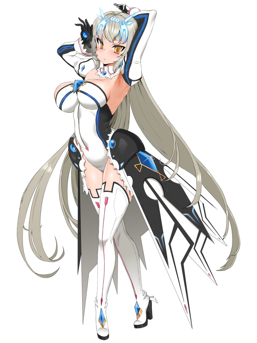 1girls armpits blush breasts code:_battle_seraph_(elsword) detached_collar detached_sleeves dress elsword era_(erasion) eve_(elsword) female female_only forehead_jewel gloves grey_hair high_heel_boots high_heels large_breasts leotard long_hair long_sleeves looking_at_viewer smh1069 tagme thick_thighs thigh_boots thighhighs very_long_hair yellow_eyes