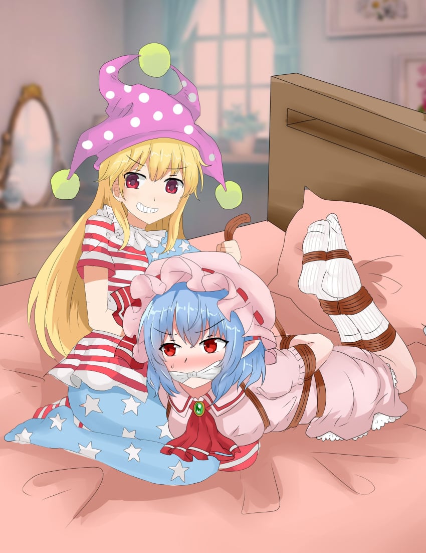 2girls bondage bondage bound bound_legs clownpiece damsel_in_distress did femdom gag gagged glaring kidnapped remilia_scarlet shuibilu touhou yuri