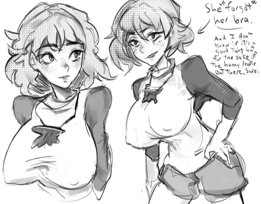 1girls big_breasts disney_xd english_text female female_only jackie_lynn_thomas monochrome necklace nipples_visible_through_clothing no_bra short_hair sketch solo star_vs_the_forces_of_evil techno301 text