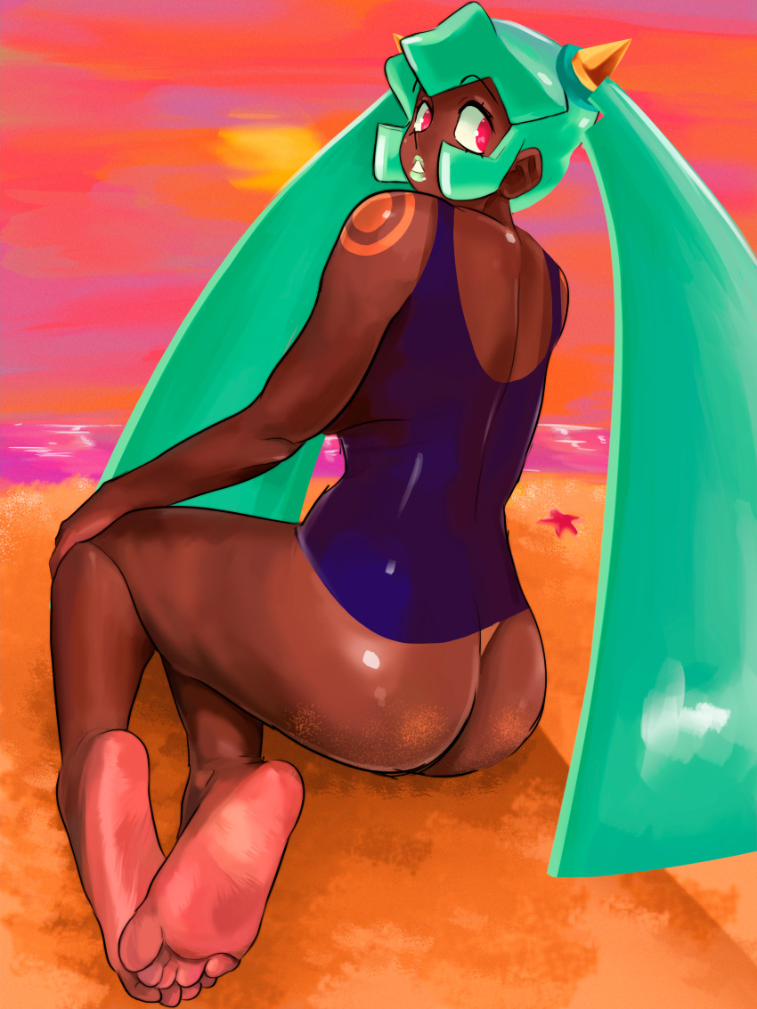 1girls ass beach dark-skinned_female dat_ass feet green_hair mega_man mega_man_legends pepperoni_ravioli summer yuna_(mega_man_legends)