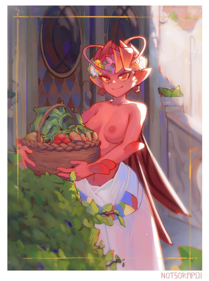 basket breasts_out dark_willow dota_2 fairy fairy_wings female female_only flower_crown looking_at_viewer nipples notsorapoi red_skin solo_female sunlight topless topless_female vegetable white_skirt