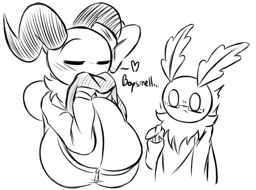 annabee_(woebeeme) arthropod bee big_breasts blushing boysmell cleavage closed_eyes horns insect_boy insect_girl insect_humanoid insect_wings insects moth motthew_(woebeeme) neck_fluff neck_tuft she_do_be_sniffing_tho sketch smaller_male smelling_clothes suprised taller_female taller_girl woebeeme