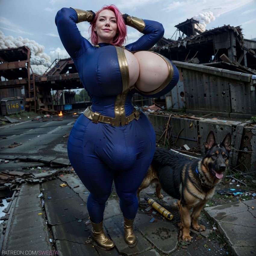 1boy 1futa ai_generated armpits bigger_futa bodysuit boots bulge bulge_through_clothing canine cleavage cosplay destroyed_building dogmeat fallout fur futa_only futanari german_shepherd happy huge_breasts looking_pleasured looking_up mature mature_futa milf older_futanari outdoors outside pink_hair short_hair size_difference smaller_male smiling stable_diffusion sweetai taller_girl thick_legs thick_thighs thin_waist tight_clothing vault_suit wide_hips