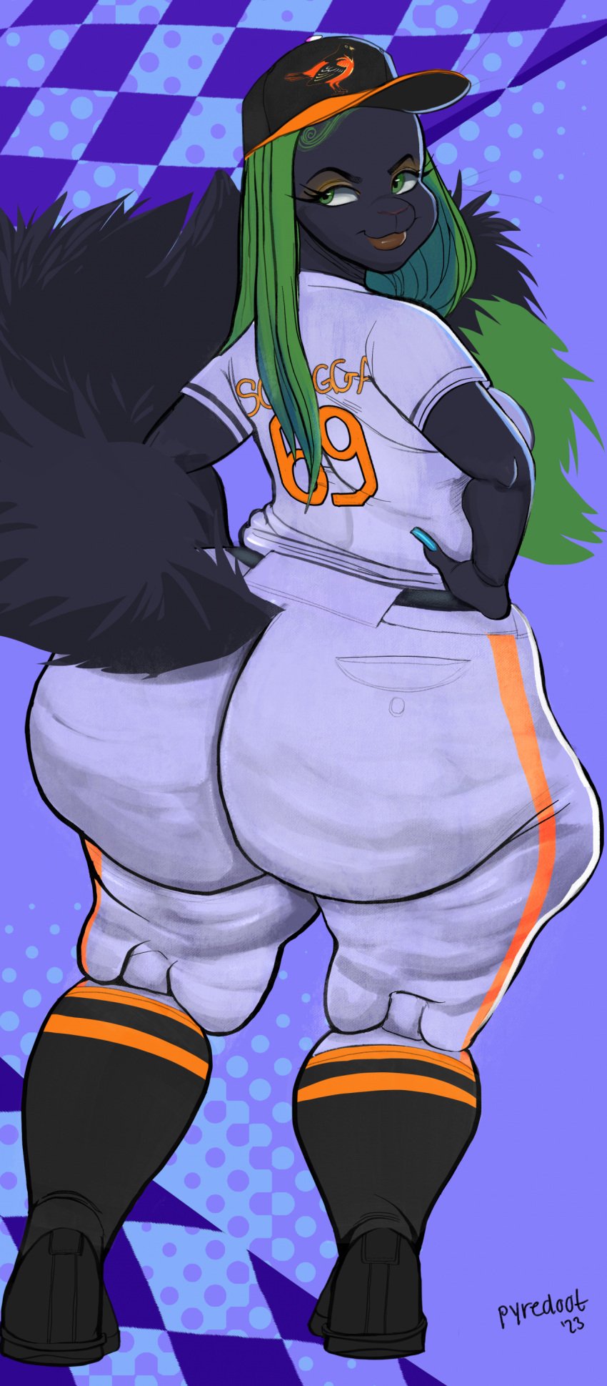 back backside baseball_uniform big_ass big_butt black_fur black_shoes black_socks blue_nails bottom_heavy cellulite eyelashes eyeliner fur furry green_hair hands_on_hips hat large_ass long_nails pants pyredaemos shirt shoes small_breasts socks squigga squirrel squirrel_tail white_pants white_shirt