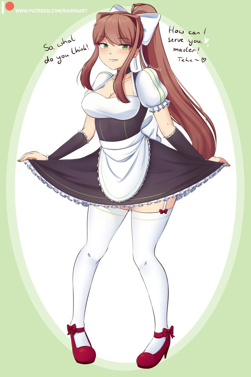 brown_hair doki_doki_literature_club green_eyes long_hair maid maid_outfit maid_uniform monika_(doki_doki_literature_club) raionart text white_ribbon