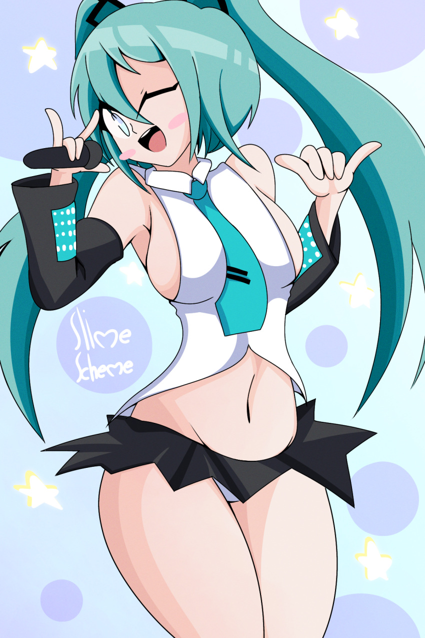 big_breasts blue_eyes blue_hair blush hatsune_miku panties sideboob skirt slime_scheme thick_thighs vocaloid