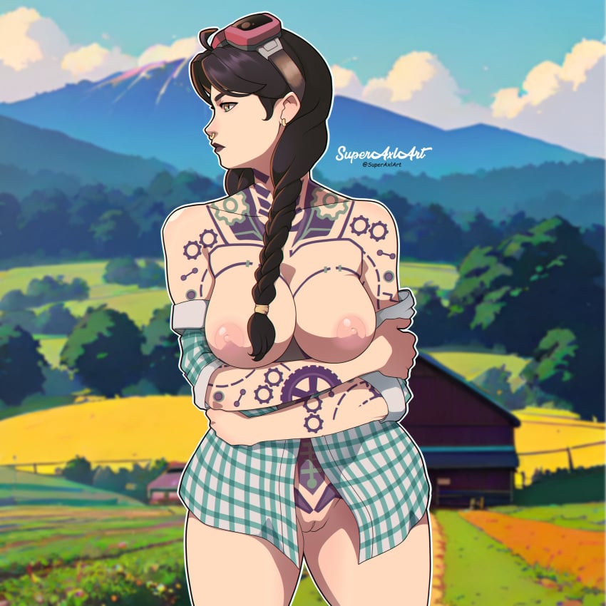 1female 1girls big_breasts black_hair braided_twintails breasts breasts_out busty cleavage clothed clothed_female curvy ear_piercing farm farmgirl female field fortnite full_body_tattoo green_eyes hair headgear jules_(fortnite) light-skinned_female light_skin long_hair looking_away_from_viewer nose_piercing piercings pink_goggles plaid_clothing pussy pussy_lips pussy_peek revealing shaved_crotch shaved_pussy solo superaxlart supporting_breasts tattoo tattooed thigh_gap thighs