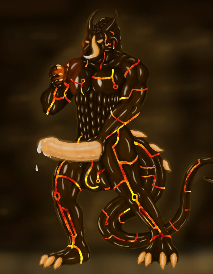 akryloth anthro balls big_balls big_penis bodily_fluids brown_body clothed clothing cum erection genital_fluids genitals glowing glowing_eyes glowing_genitalia glowing_penis hi_res huge_balls huge_cock lava_skin magic male masturbation muscular muscular_male orange_eyes orange_penis penis precum rubber rubber_clothing rubber_suit simple_background solo tail tongue tongue_out