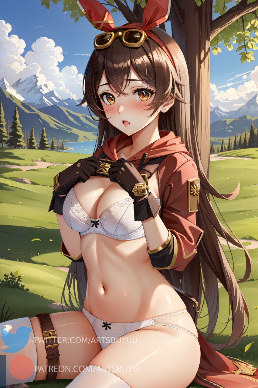 1girls ai_generated amber_(genshin_impact) amber_eyes artsbuyu bangs blush bra brown_eyes brown_hair embarrassed genshin_impact hair_between_eyes hair_ornament hair_ribbon hi_res legwear long_hair looking_at_viewer navel panties ribbon shirt_lift sitting stable_diffusion thighhighs white_bra white_legwear white_panties white_thighhighs