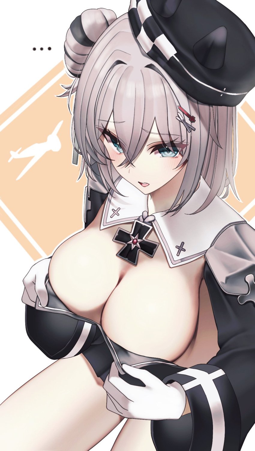 ... 1girls azur_lane beret blue_eyes blush breasts cleavage female female_only gloves grey_hair hairclips hat huge_breasts iron_blood_(azur_lane) jade_(azur_lane) light-skinned_female light_skin military military_hat military_uniform miyukihaoekaki open_mouth solo uniform white_gloves white_hair