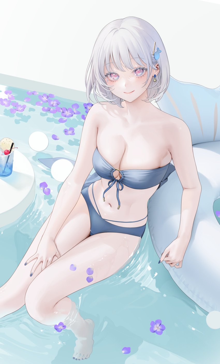 1girls albino bikini blue_nails breasts cherry cleavage cup drinking_glass drinking_straw earrings female flower_petals front-tie_bikini hair_ornament highres ice_cream light_smile looking_at_viewer nacchan_(ohisashiburi) nail_polish navel ohisashiburi original original_character painted_nails pale_skin pink_eyes short_hair sitting smile swimsuit thighs toenail_polish water white_hair