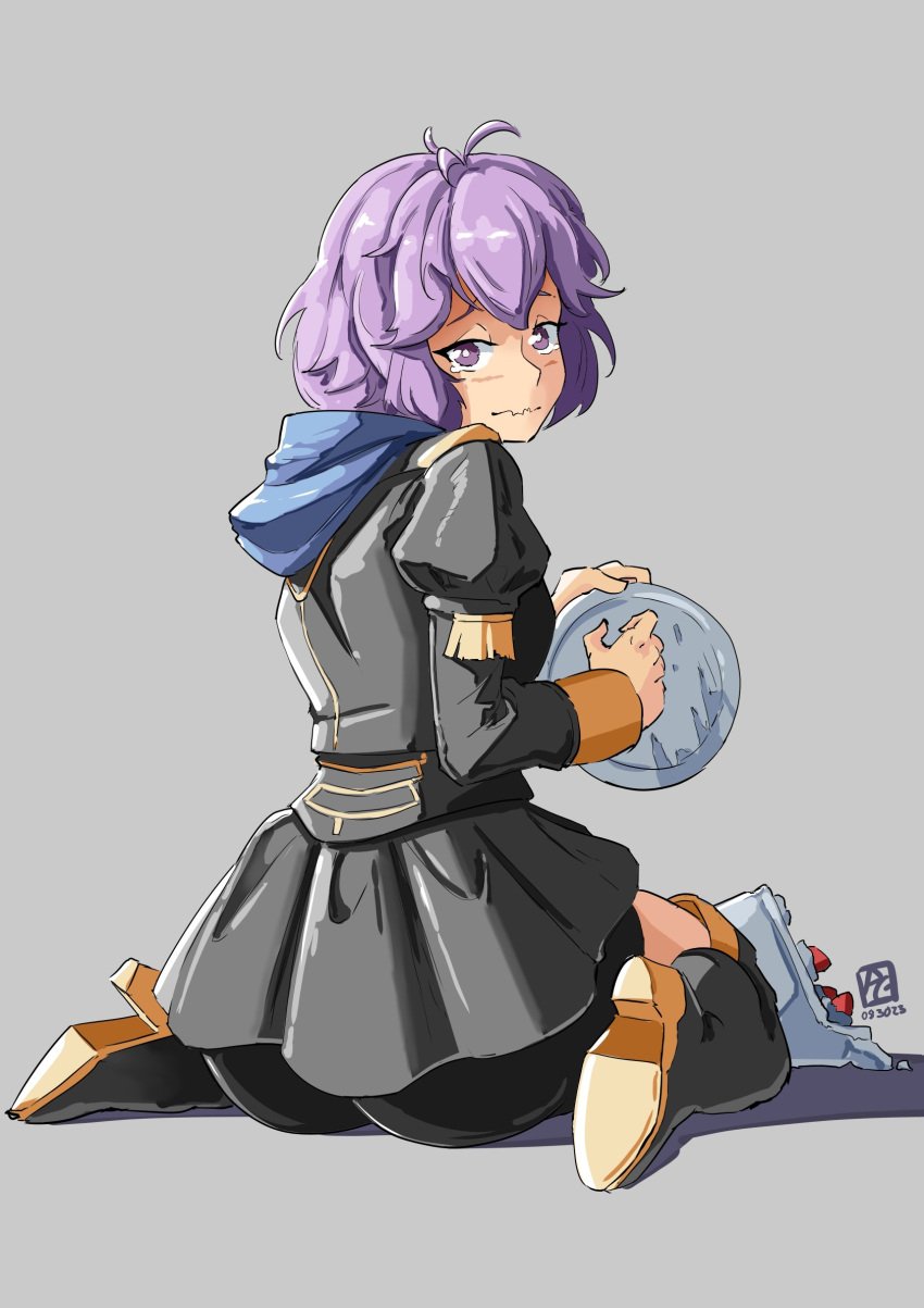 1girls accident ass automatic_giraffe bernadetta_von_varley big_ass bike_shorts black_coat black_footwear black_shorts black_skirt boots clumsy coat dated female female female_only fire_emblem fire_emblem:_three_houses food garreg_mach_monastery_uniform gold_trim grey_background highres holding holding_plate hood hoodie long_sleeves looking_back nintendo plate purple_eyes purple_hair seiza short_hair shorts simple_background sitting skirt solo tearing_up thigh_boots tripping wavy_mouth