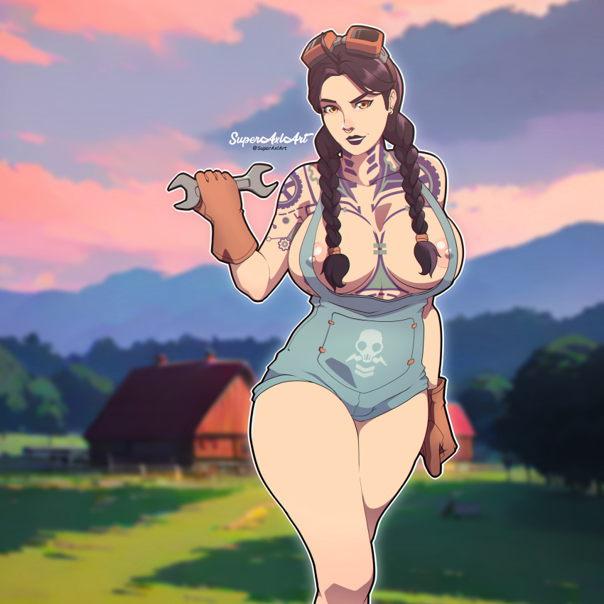 1female 1girls areolae big_breasts black_hair braided_twintails breasts breasts_out brown_goggles busty cleavage clothed clothed_female curvy ear_piercing female fortnite full_body_tattoo gloves green_eyes hair_covering_breasts hair_covering_nipples headgear jules_(fortnite) leather_gloves light-skinned_female light_skin long_hair nose_piercing overalls piercings solo superaxlart tattoo tattooed thighs wrench