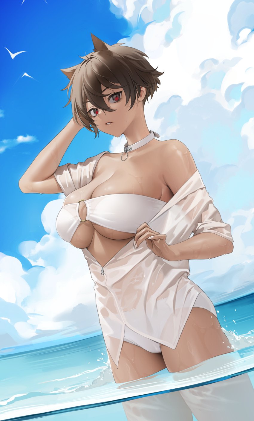 1girls bikini blue_sky breasts brown_hair choker cleavage cloud dark-skinned_female dark_skin female female_focus female_only hair_between_eyes hair_ears highres large_breasts micchan_(ohisashiburi) nail_polish o-ring_bikini ohisashiburi original original_character outdoors red_eyes short_hair summer swimsuit tomboy wading water wet_clothes wet_skin white_bikini white_jacket white_nails