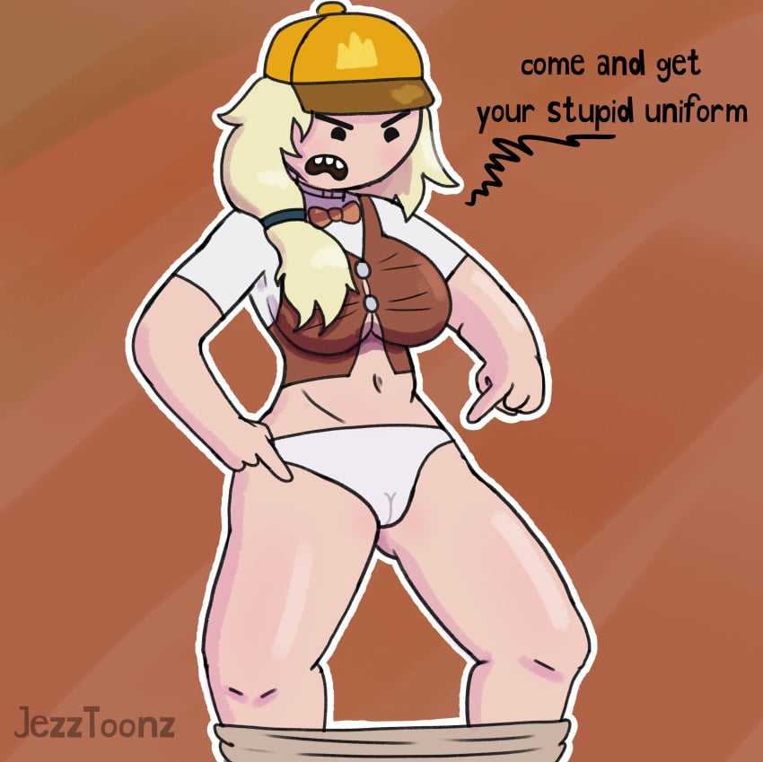 1girls 2023 adventure_time angry belly belly_button blonde_hair bottomless clothing female female_only fionna_and_cake fionna_campbell fionna_the_human_girl headwear human jezztoonz mob_face outerwear pale_skin panties pants_down pussy pussy_visible_through_clothes solo solo_female tagme vest white_body white_skin