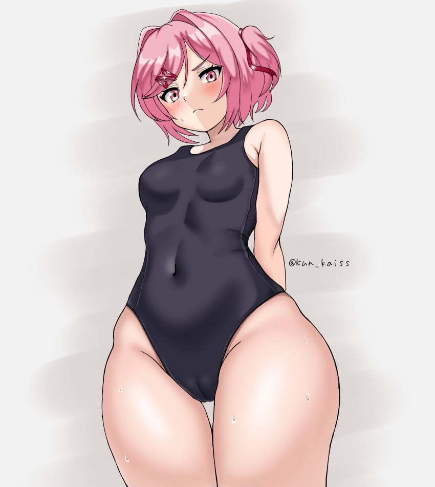 1girls artist_name bangs black_clothing black_one-piece_swimsuit black_swimsuit blush breasts cameltoe clothed clothing cowboy_shot doki_doki_literature_club female female_solo grey_background hair_intakes hair_ribbon hair_ribbons kun_kaiss light-skinned_female light_skin looking_at_viewer matching_hair/eyes natsuki_(doki_doki_literature_club) navel one-piece_swimsuit pink_eyes pink_hair portrait short_hair simple_background small_breasts solo solo_female sweat swept_bangs swimsuit swimwear thick_thighs thighs three-quarter_portrait tied_hair twintails wide_hips