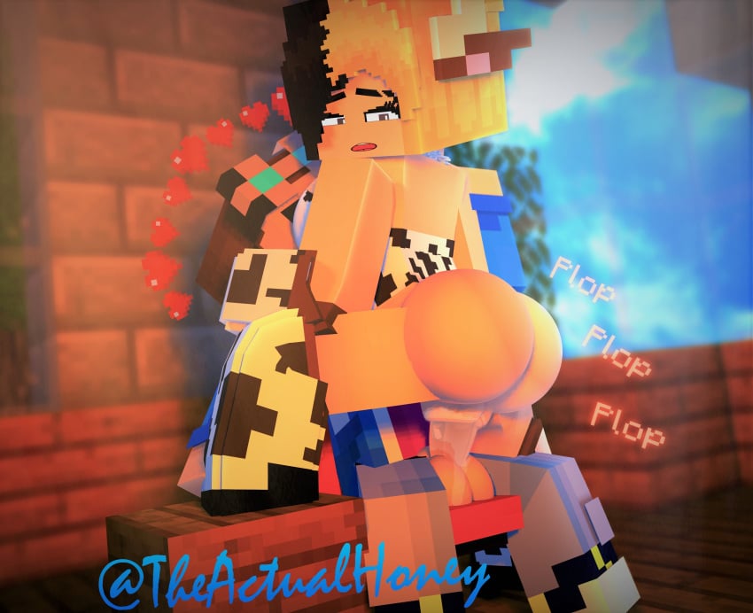 1boy 1girls 2023 3d artist_name artist_signature cow_girl cow_girl_outfit female honey_(tah) horny_female human humanoid leg_up looking_back looking_pleasured male mine-imator minecraft multicolored_hair no_panties pussy_juice_drip riding riding_penis tagme theactualhoney watermark wet_pussy