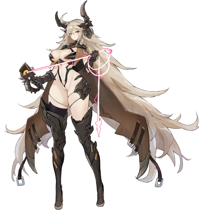 1girls absurdly_long_hair ahoge areola_slip armor asymmetrical_legwear belt big_nipples bikini_armor black_thighhighs blonde_hair boots breasts brown_cape cameltoe cape chained_wrists cleavage closed_mouth collar energy_whip faucre_(last_origin) female female_only full_body gauntlets hair_between_eyes holding holding_whip horns large_breasts last_origin light-skinned_female light_brown_hair light_skin linea_alba long_hair looking_at_viewer navel nipple_bulge nipple_slip nipples orange_eyes pale_skin partially_visible_vulva pauldrons revealing_clothes serious shoulder_armor shoulder_spikes skindentation solo spikes tachi-e thick_thighs thigh_boots thigh_strap thighhighs thighs third-party_edit transparent_background very_long_hair whip wide_hips yellow_eyes