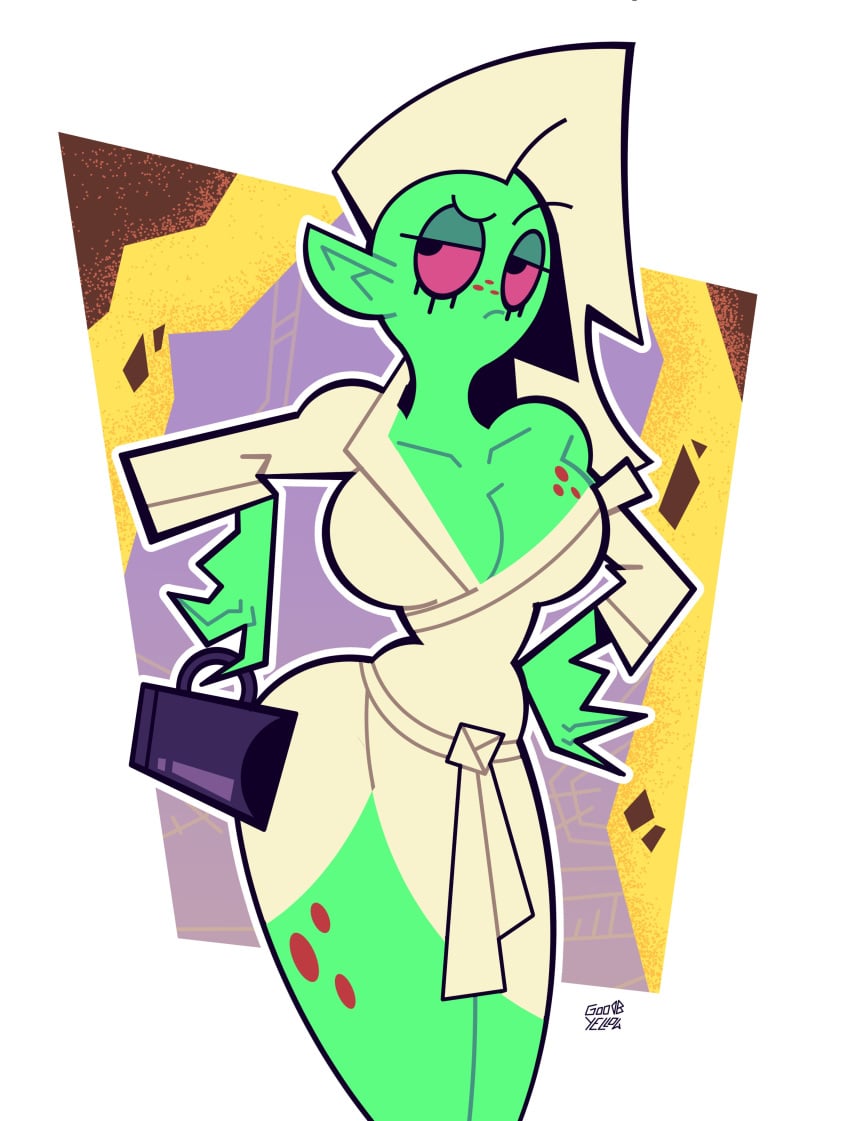 1girls 2023 absurd_res alien bathrobe big_breasts breasts goodbyellow green_skin half_body highres hourglass_figure lord_dominator signature simple_background solo tagme wander_over_yonder white_hair wide_hips