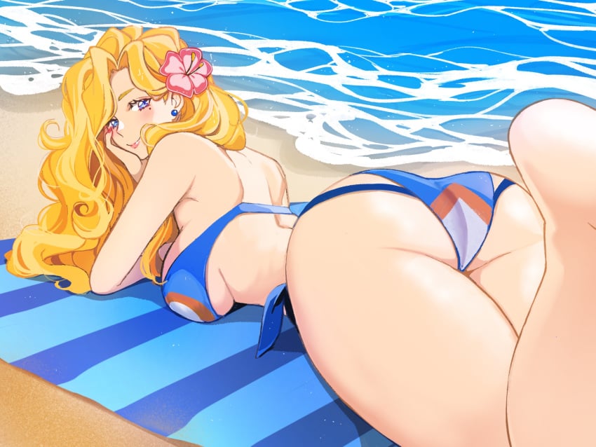 1girls ahichiru beach beach_towel big_ass big_breasts bikini blonde_hair blue_eyes blush estelle_(omega_strikers) flower_in_hair laying_on_breasts laying_on_stomach legs_up looking_at_viewer omega_strikers sand summer water