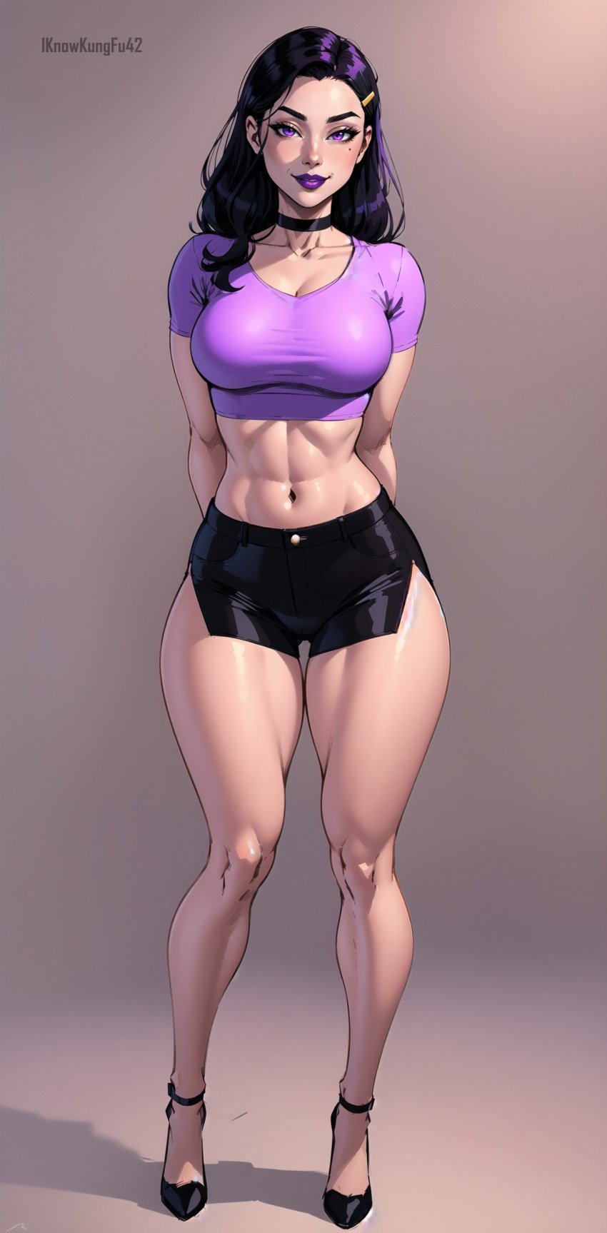 1girls ai_generated artist_name asian asian_female beauty_mark big_lips black_clothing black_hair breasts choker clothed clothing crop_top curvaceous curvy curvy_figure eyelashes female female_human female_only hair_ornament hairclip hi_res high_heels high_resolution highres hips hourglass_figure human iknowkungfu42 legs light-skinned_female light_skin lips lipstick long_hair looking_at_viewer mandy_(totally_spies) mandy_walters medium_breasts midriff parted_lips purple_clothing purple_eyes purple_lipstick short_shorts simple_background smile smug solo thick thick_legs thick_lips thick_thighs thighs totally_spies voluptuous wide_hips