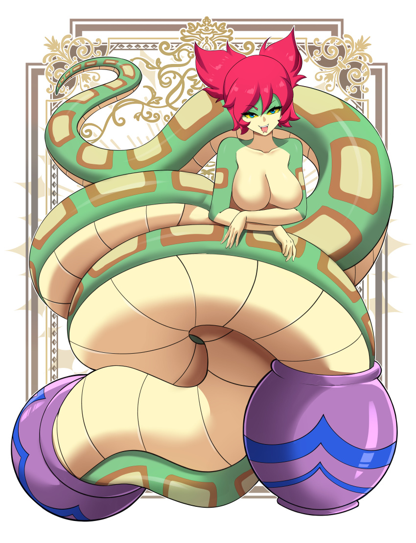 arms_crossed arms_under_breasts blue_eyes coiled coils elpipe3000 fang_out fangs female female_only forked_tongue green_scales green_skin lamia monster_girl naga portal portal_(object) pot red_hair shantae shantae:_half-genie_hero short_hair smile smooth_skin snake snake_girl snake_tongue solo tail teeth tied_hair tongue tuki_(shantae) twintails vase wayforward yellow_belly yellow_sclera yellow_skin