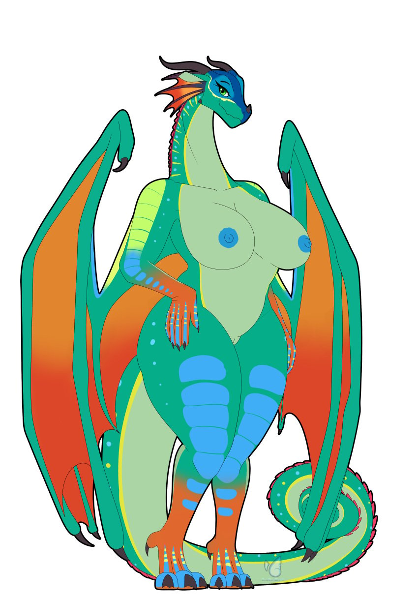 absurd_res anthro big_breasts bludraconoid blue_body blue_nipples blue_scales blue_spots breasts dragon female frill frill_(anatomy) genitals glory_(wof) green_body green_eyes green_scales hi_res huge_breasts human_breasts human_nipples humanoid_pussy nipples nude nude_female orange_feet orange_scales prehensile_tail pussy queen rainwing_(wof) red_scales red_spikes royalty scales solo tail tasteful_nudity wings_of_fire yellow-green_scales yellow_scales yellow_spots yellow_stripes