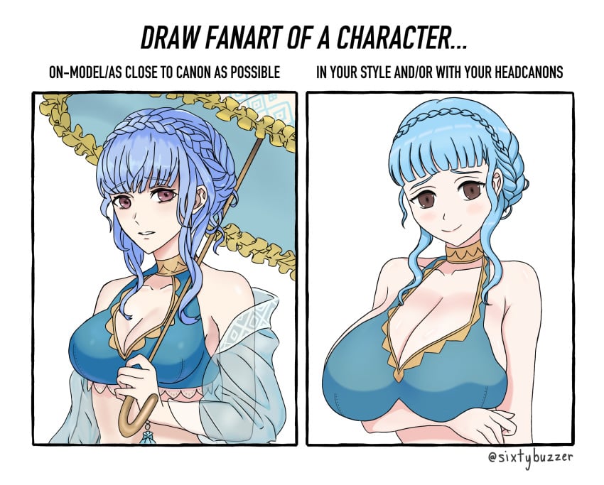 1girls alternate_breast_size alternate_costume arm_under_breasts bikini blue_bikini blue_hair blue_swimsuit braid breasts brown_eyes cleavage english_text female female_only fire_emblem fire_emblem:_three_houses fire_emblem_heroes huge_breasts light_blue_hair looking_at_viewer marianne_von_edmund marianne_von_edmund_(summer) nintendo official_alternate_costume short_hair sixtybuzzer smile solo swimsuit text upper_body