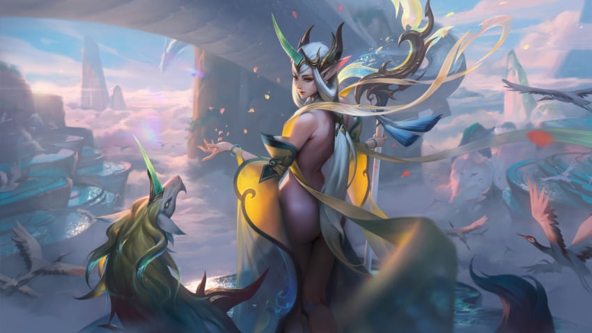 ass edit elf female horn immortal_journey_series immortal_journey_soraka league_of_legends long_ears long_hair nude soraka third-party_edit viewed_from_behind white_hair 留下的奈