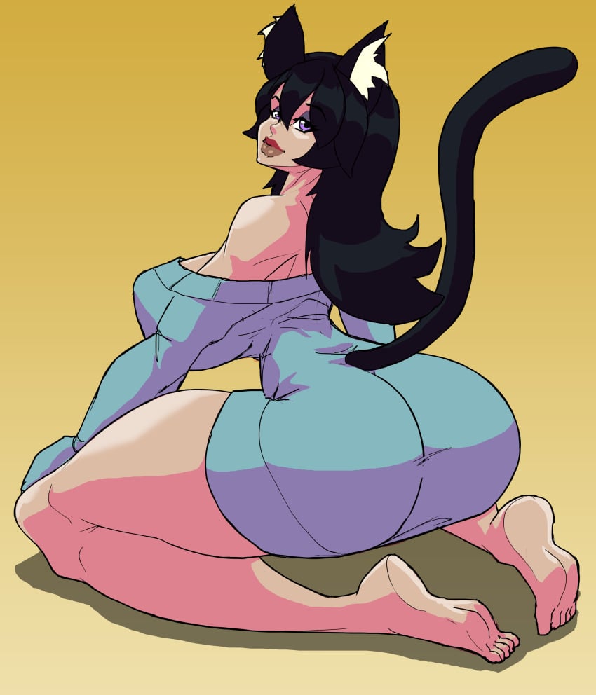 1girls ass ass_focus barefoot big_ass big_breasts big_thighs black_hair blue_sweater cat_ears cat_tail catgirl feet hourglass_figure huge_ass huge_breasts inviting large_ass large_breasts large_butt large_thighs long_hair looking_at_viewer looking_back massive_ass massive_breasts muscular_legs neko on_knees pinup pinup_pose plump_lips purple_eyes streamer sweater thatspookynekogirl theoverloader thick_thighs twitch virtual_youtuber vtuber wasp_waist