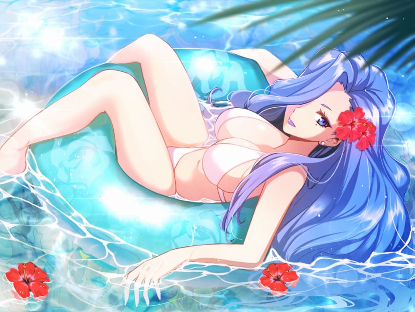 ahichiru beach bikini blue_eyes blue_hair estelle_(omega_strikers) floatie flower_in_hair looking_at_viewer omega_strikers purple_lipstick sitting_in_water water white_bikini