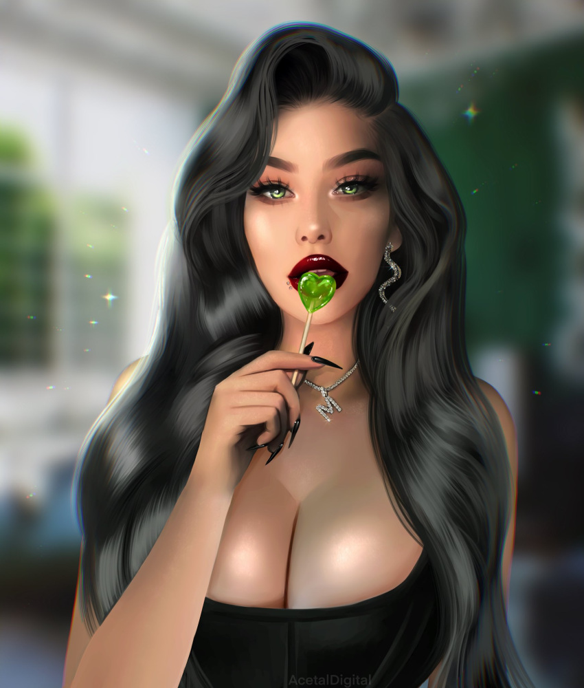 acetaldigital big_breasts collar dark_hair green_eyes lolipop long_hair red_lipstick snakeysmut sucking_on_popsicle voice_actor