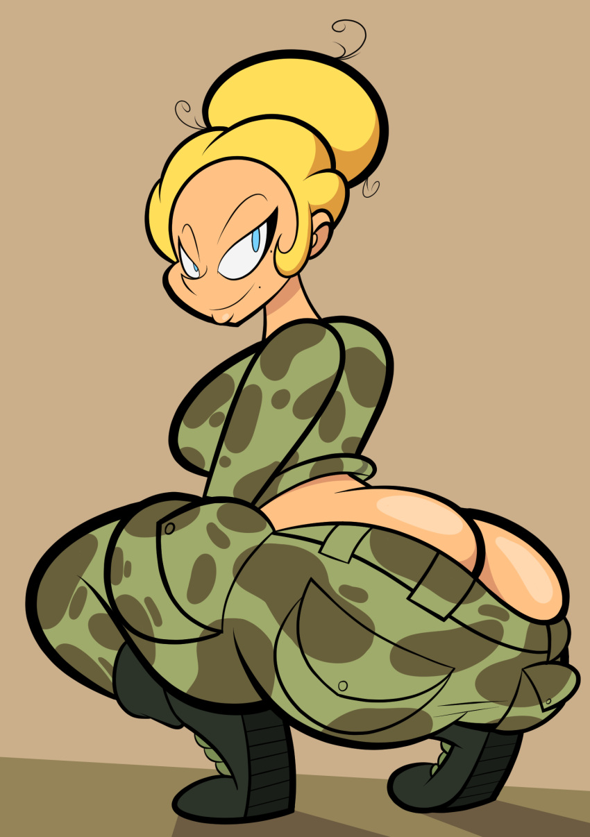 1girls 2020 ass_cleavage beauty_mark big_ass big_breasts big_lips black_boots blonde_hair blue_eyes boots butt_crack camo_bottomwear camo_clothing camo_print camo_topwear camouflage female looking_at_viewer looking_back marina_williams military_clothing military_girl mole oboithisisfunky original original_character sideboob squatting tagme