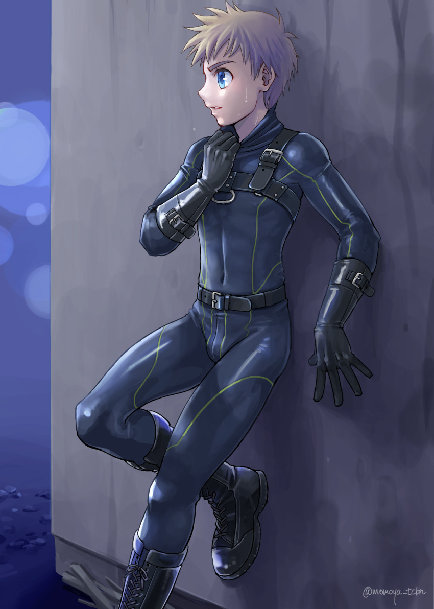 1boy 2d athletic athletic_male blonde_hair blue_bodysuit blue_eyes bodysuit boots bulge bulge_through_clothing color gay latex latex_bodysuit latex_clothing latex_gloves leather_belt leather_boots leather_harness leather_straps looking_away mouth_open navel navel_visible_through_clothes original original_character pulling_on_clothes rubber_gloves sitting_on_wall straps sweat sweatdrop tachibana_momoya tight_bodysuit visible_face yaoi