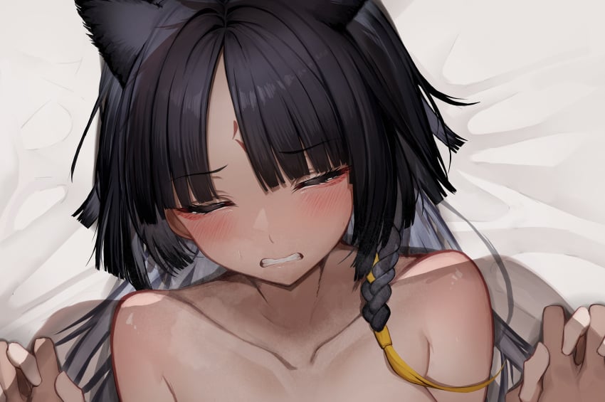 1boy absurdres animal_ears arknights black_hair blush clenched_teeth closed_eyes collarbone female highres holding_hands implied_sex interlocked_fingers long_hair lying nude on_back saga_(arknights) tab_head teeth upper_body