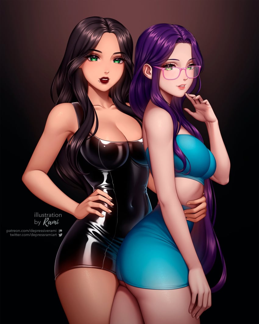 2girls brown_hair dark_hair depressiverami dress female female_only fully_clothed glasses green_eyes minidress miniskirt multiple_girls purple_hair shiny_clothes snakeysmut solid_color_background tight_clothing tight_dress voice_actor