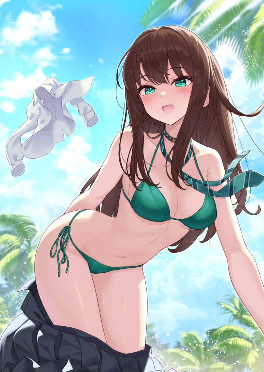 aqua_eyes arm_behind_back backlighting bare_arms bare_shoulders bent_over bikini bikini_under_clothes black_choker black_skirt breasts brown_hair choker cleavage clothes_pull commentary_request day dress_shirt female green_bikini halterneck hamahama highres idolmaster idolmaster_cinderella_girls long_hair looking_at_viewer medium_breasts navel necktie open_mouth outdoors pleated_skirt shibuya_rin shirt shirt_removed side-tie_bikini_bottom skirt skirt_pull smile solo stomach string_bikini sunlight swimsuit thighs undressing wet white_shirt