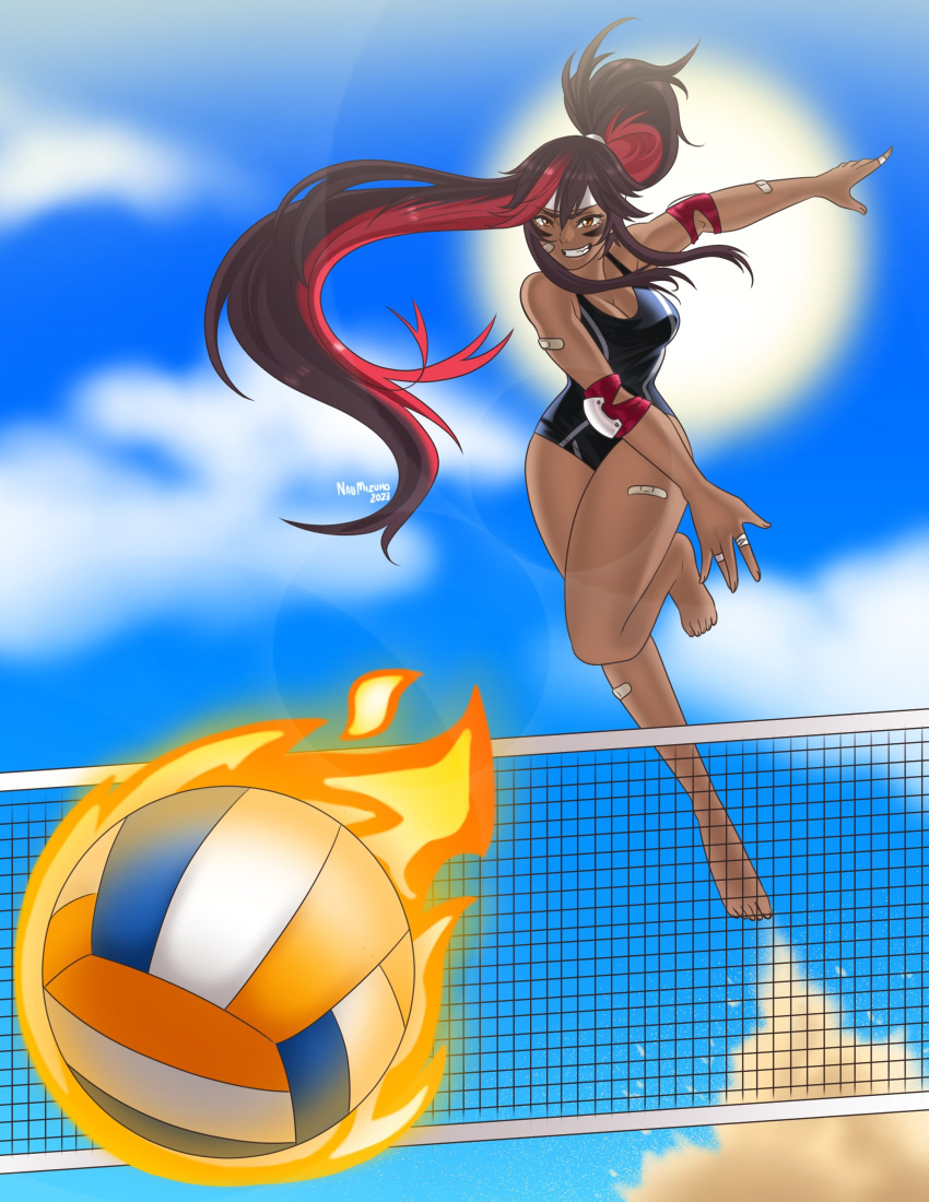 bandaid bandaid_on_body beach black_swimsuit brown_hair burning dark-skinned_female dark_skin elbow_pads gold_eyes juliette_(omega_strikers) naijmizuho omega_strikers one-piece_swimsuit ponytail red_hair sand smile sun swimsuit two_tone_hair volleyball volleyball_net yellow_eyes