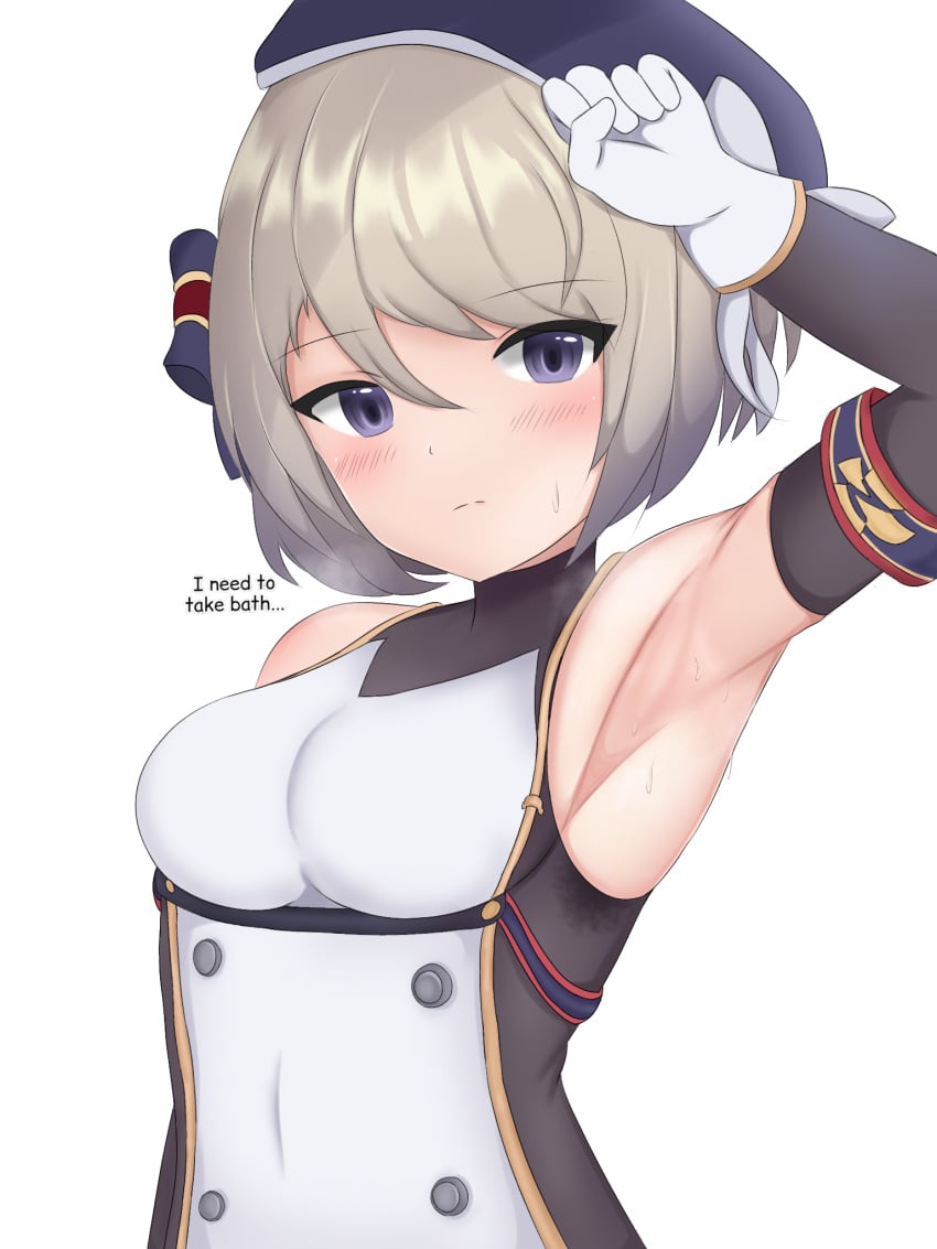 1girls armpits arms_up azur_lane body_odor english_text eyebrows_visible_through_hair female female_only hat iron_blood_(azur_lane) light-skinned_female light_skin purple_eyes ryzeon sleeveless smelly_armpits solo stained_clothes steam steaming_body sweat sweat_stain sweaty text z23_(azur_lane)