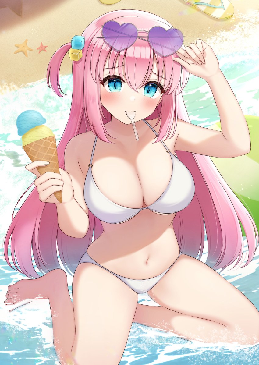 armpits barefoot bikini blush bocchi_the_rock! cute gotou_hitori heart-shaped_sunglasses huge_breasts ice_cream ice_cream_cone object_in_mouth sitting sitting_on_water spoon sunglasses sunglasses_on_head thighs toes waves