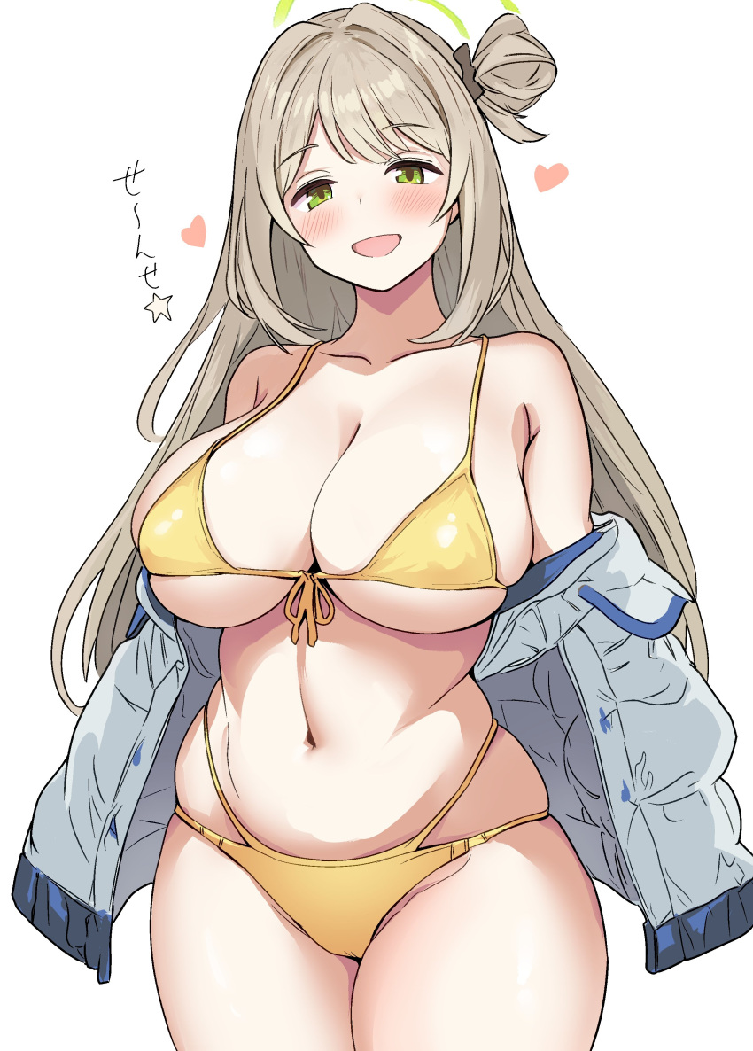 :d abydos_high_school_student blue_archive blush calling cowboy_shot foreclosure_task_force_(blue_archive) heart huge_breasts japanese_text nonomi_(blue_archive) nonomi_(swimsuit)_(blue_archive) off_shoulder skindentation smile text thick_thighs wide_hips