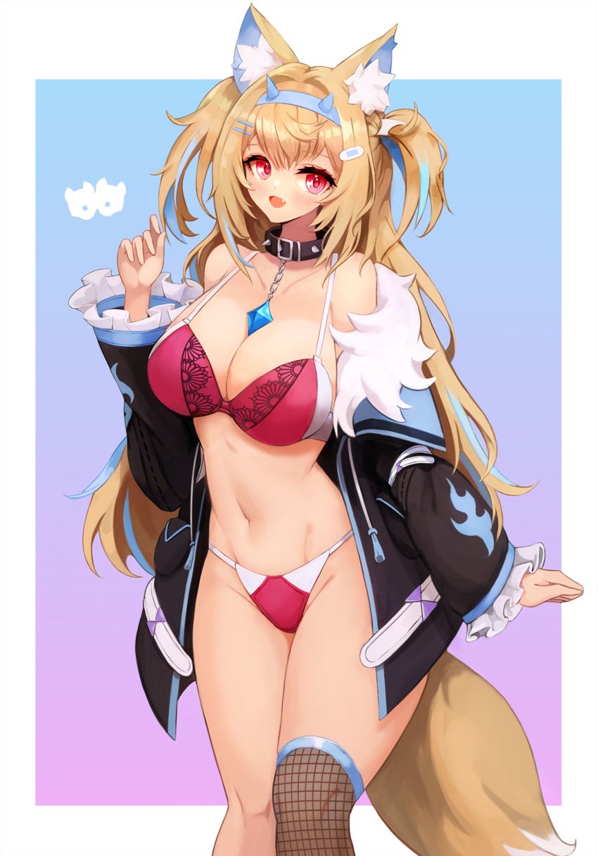 animal_ear_fluff animal_ears bare_shoulders belt_collar black_collar black_jacket blonde_hair blue_background blue_hair bra breasts cleavage collar collarbone cute_fang dog_ears dog_girl dog_tail female frills fur-trimmed_jacket fur_trim fuwawa_abyssgard hair_ornament hairclip headband highres hololive hololive_english hololive_english_-advent- jacket large_breasts long_hair looking_at_viewer multicolored_hair navel notte_(artist) oerba_yun_fang open_mouth panties red_eyes single_thighhigh skin_fang smile solo spiked_collar spikes streaked_hair tail thighhighs underwear virtual_youtuber